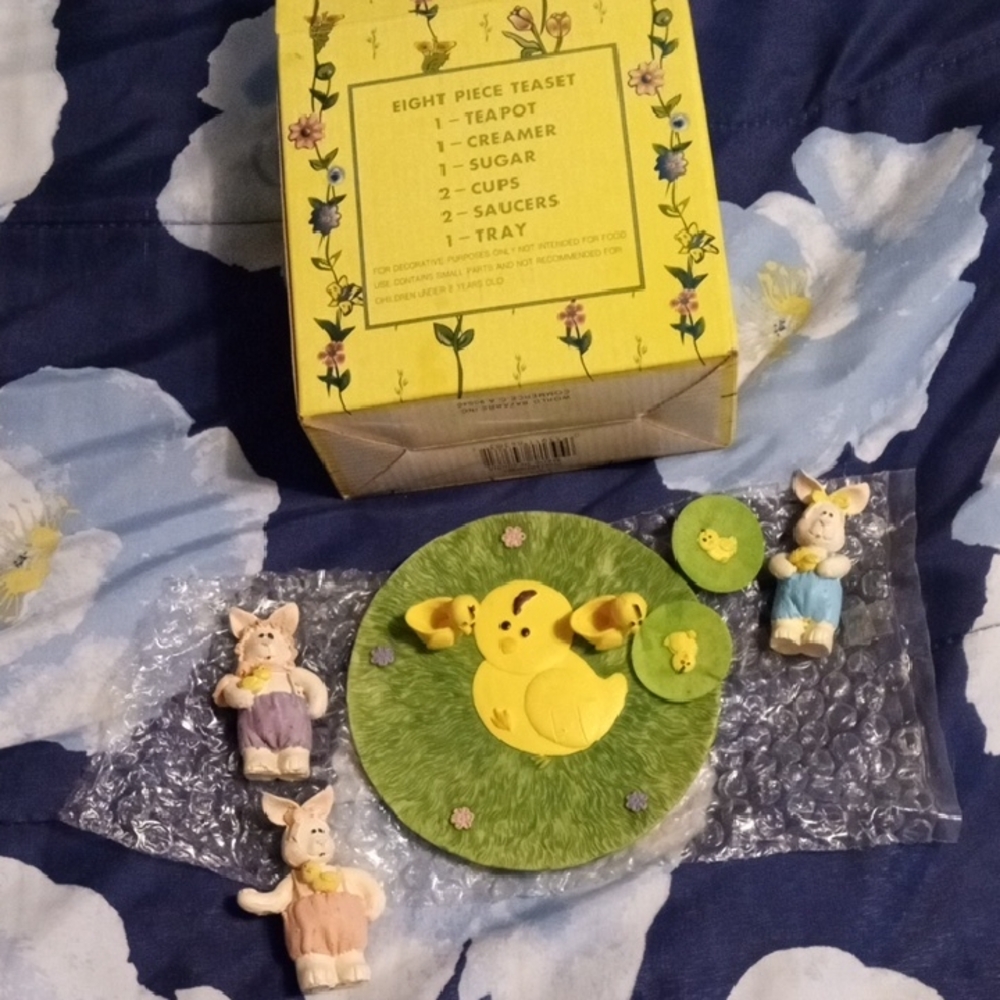 Vintage Yellow Bunny Teaset with Figurines
